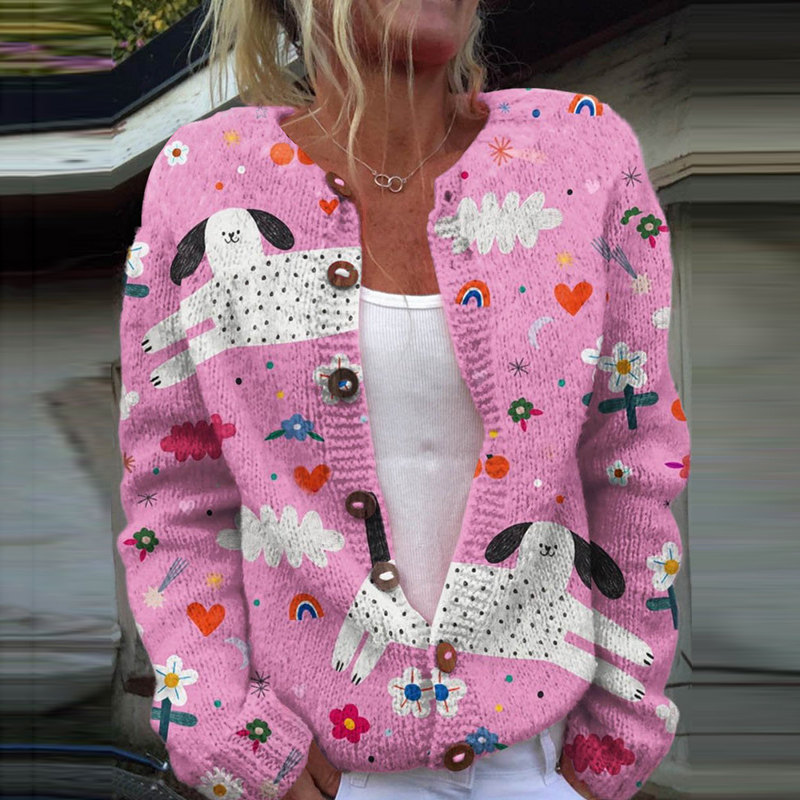 Comstylish Dog Art Print Long Sleeve Knitted Cardigan