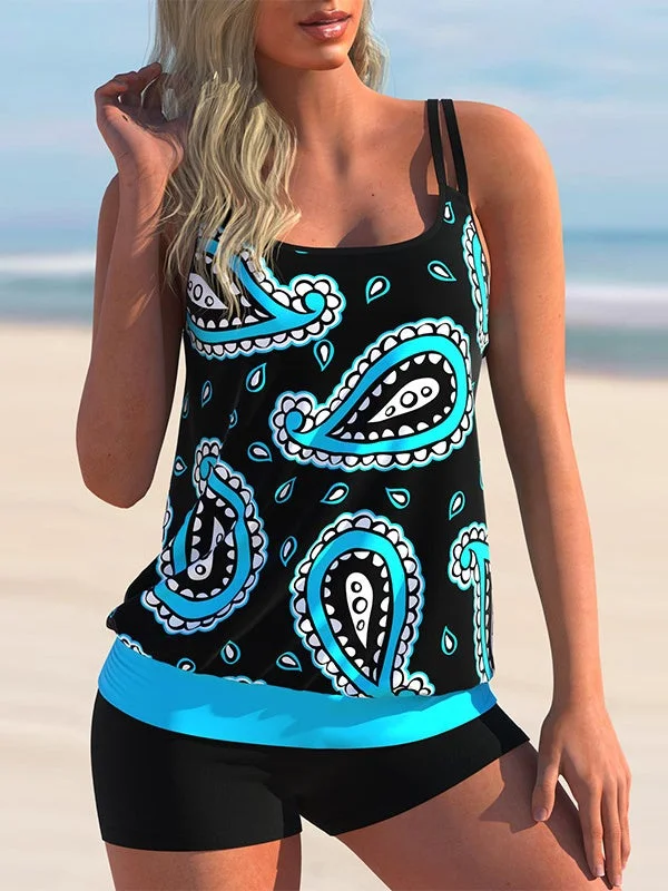 Plus Size Swimwear Sleeveless Colorblock Graphic Printed Tankini