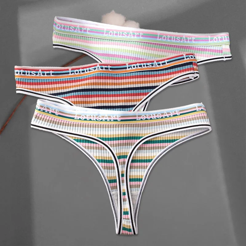 FINETOO 3Pcs/set Women Rainbow Thongs M-XL Cotton Panties Comfortable Striped T-Back Underwear Ladies Soft G-string Lingerie New