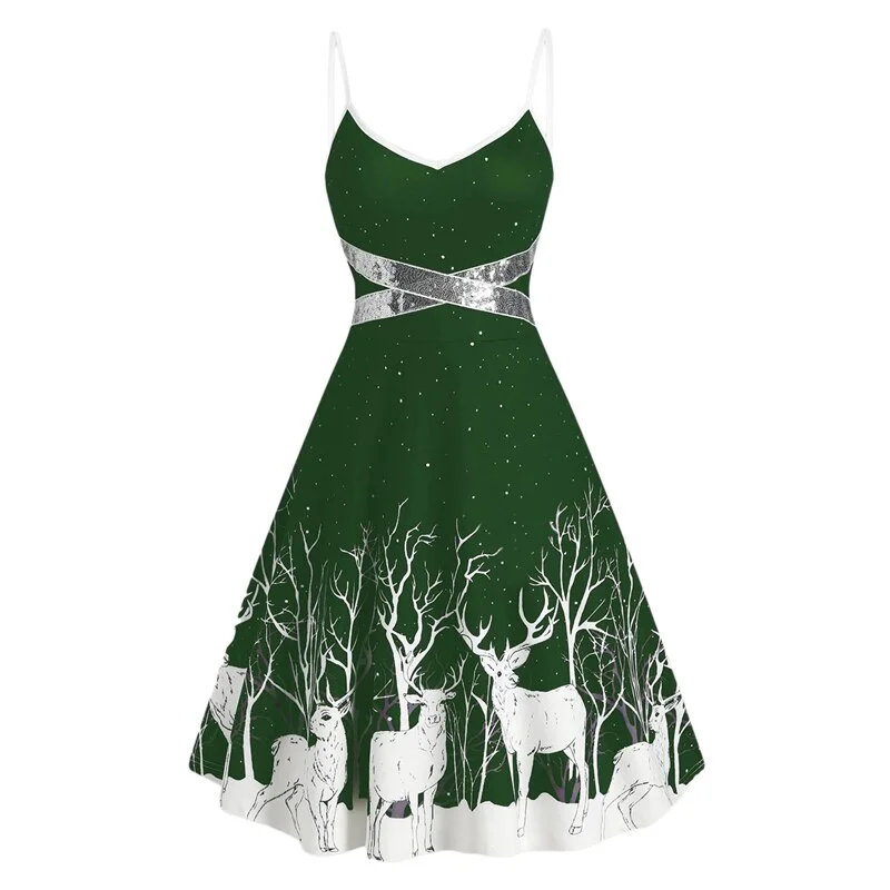 Elk Print Women Dress  N Neck Spaghetti Strap Backless Ladies Dress  Summer Sleeveless Ankle Length Female Dress