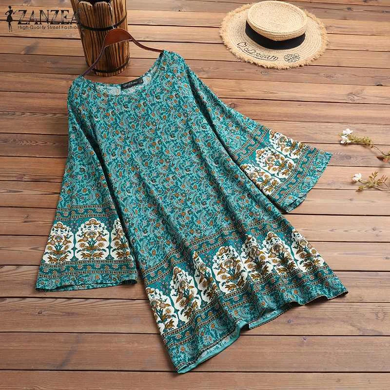 ZANZEA Women Summer Long Sleeve Floral Printed Dress Bohemian Holiday Short Vestidos Oversized Casual Beach Party Mini Dress