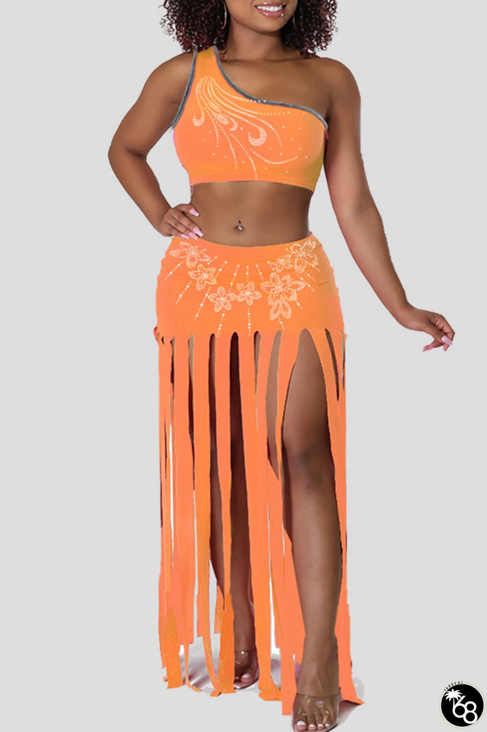 Tangerine Red Sexy Solid Tassel Patchwork Hot Drill Oblique Collar Two Pieces | 168DEAL