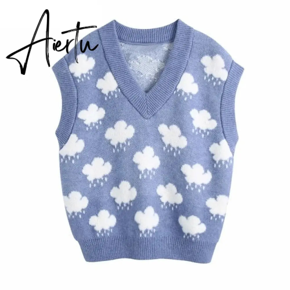 Women Fashion V Neck Cloud Pattern Knitting Sweater Female Sleeveless Casual Slim Vest Chic Leisure Pullovers Tops Aiertu