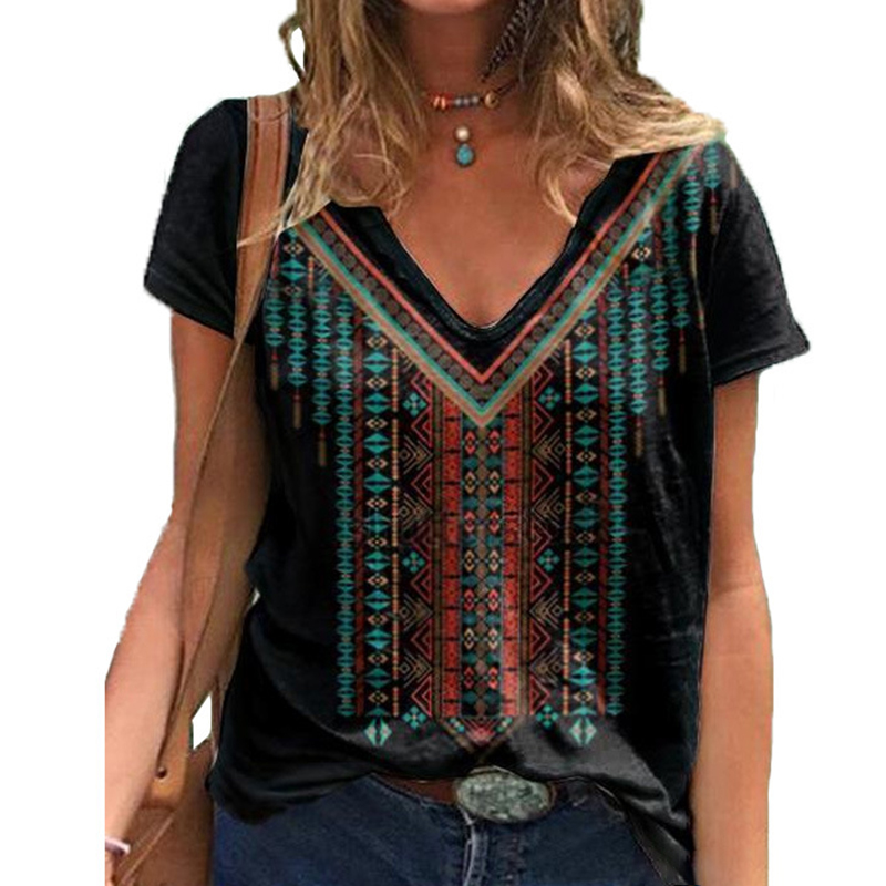 Ethnic Print V-Neck Bat Short-Sleeved T-Shirt wearshes
