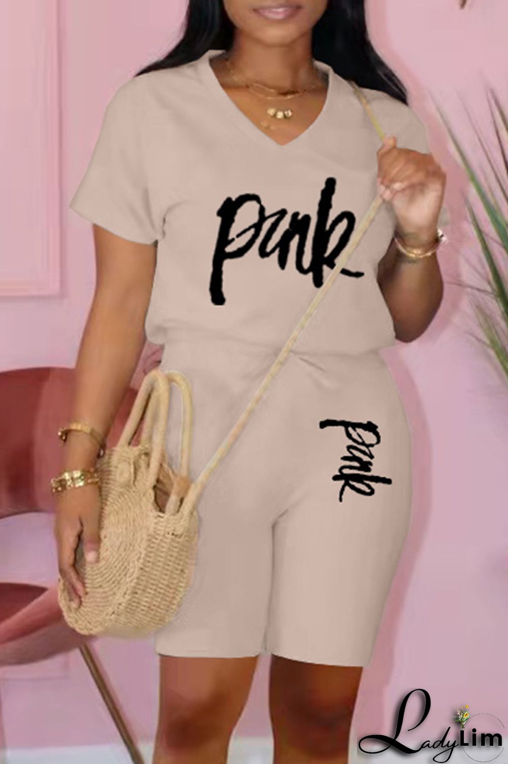 Black Fashion Casual Letter Print Basic V Neck Short Sleeve Two Pieces