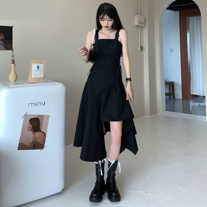 Dress Women Sleeveless Spaghetti Strap Black Slim Irregular A-line Dresses Elegant Streetwear Womens Trendy Sexy Club Wear Party LANFUBEISI
