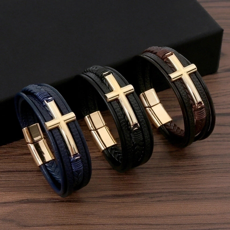 Casual Streetwear Cross 304 Stainless Steel Pu Leather Copper 18K Gold Plated Copper Bangle In Bulk