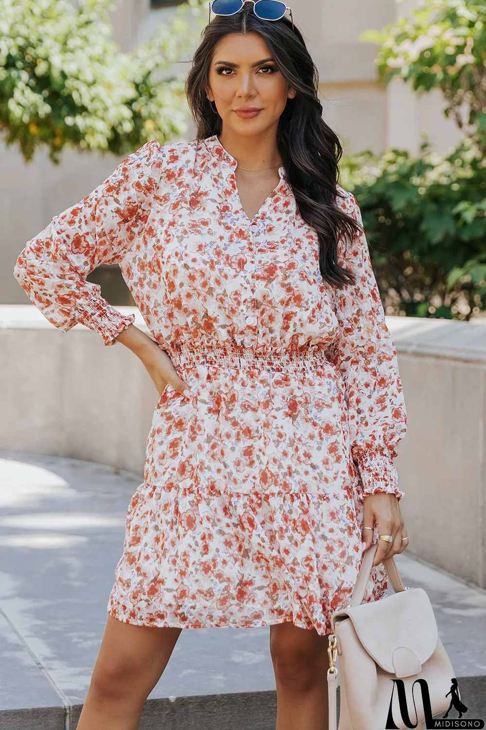 MidiSono - Red Shirred High Waist Floral Mini Dress