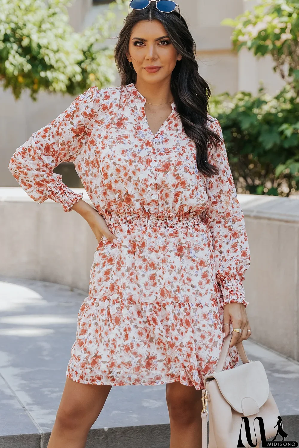 MidiSono - Red Shirred High Waist Floral Mini Dress