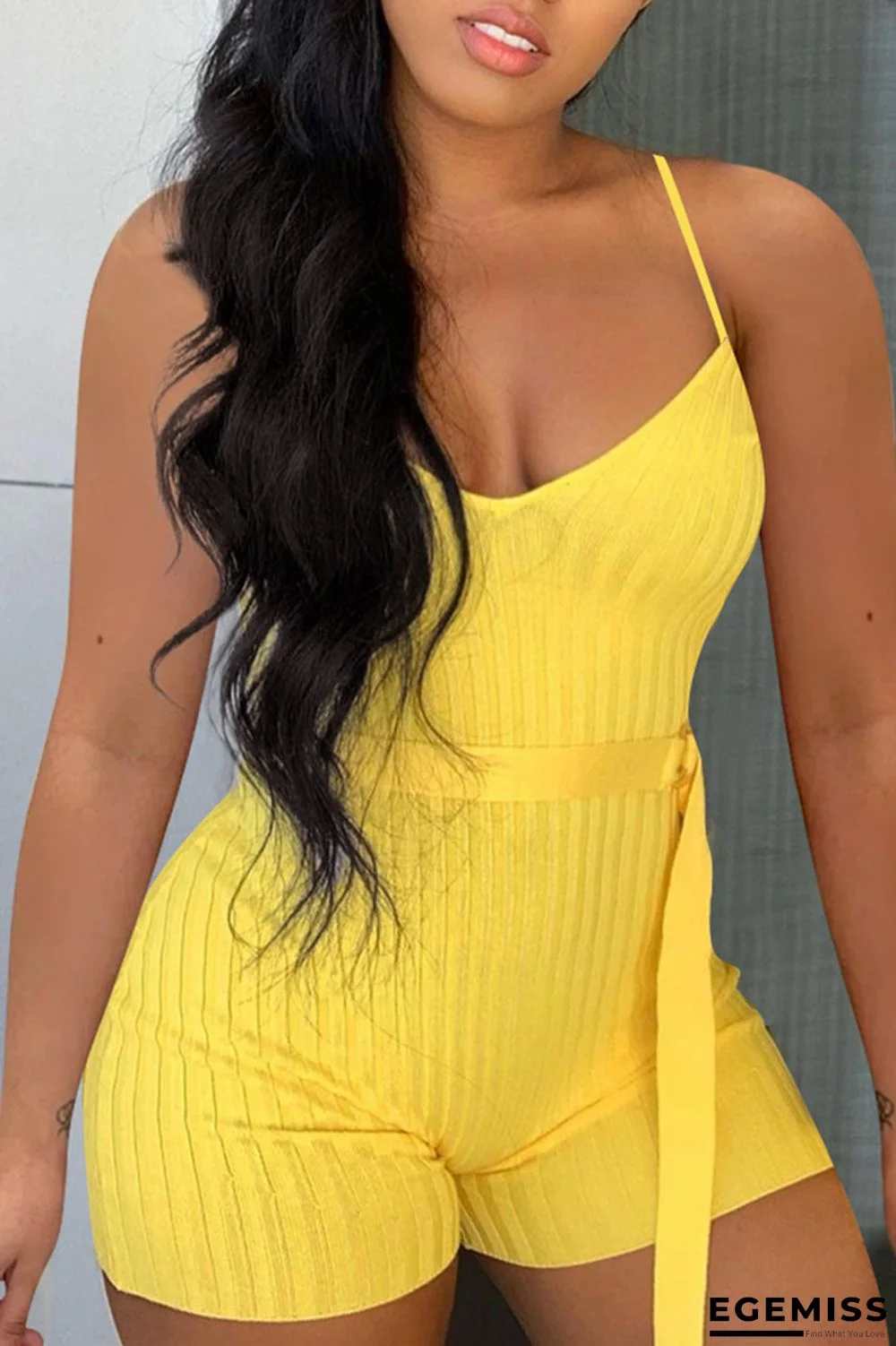 Yellow Sexy Casual Solid Backless Spaghetti Strap Skinny Romper | EGEMISS