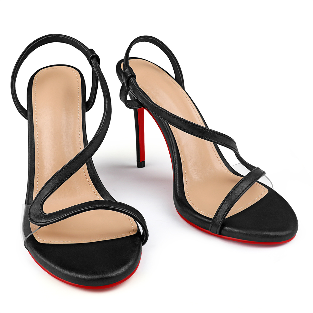 100mm Women's  Red Bottom  Sandals Stiletto Spotlight Wavy Straps High Heels Ankle Strap Studs Shoes-MERUMOTE