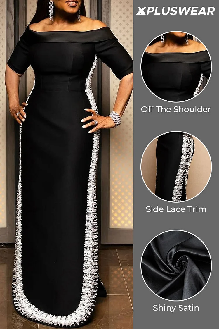 Plus Size Formal Black Elegant Off The Shoulder Short Sleeve Split Satin Maxi Dresses [Pre-Order]