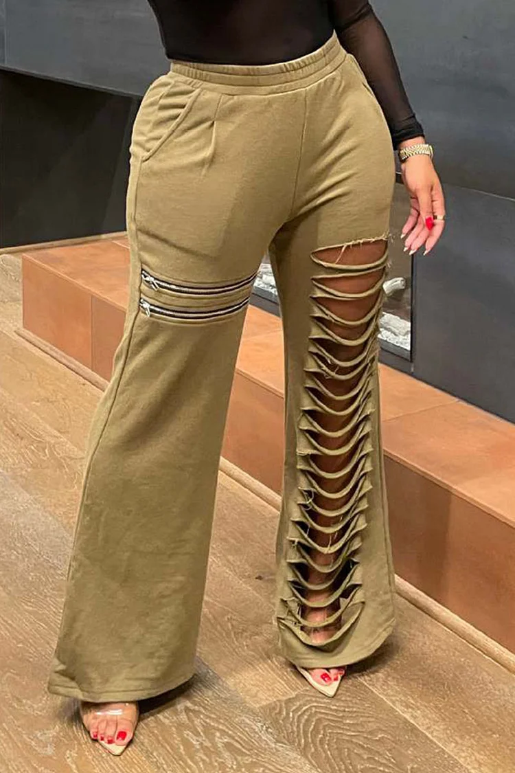 Khaki Casual Street Solid Hollowed Out Split Joint Zipper Boot Cut High Waist Speaker Solid Color Bottoms