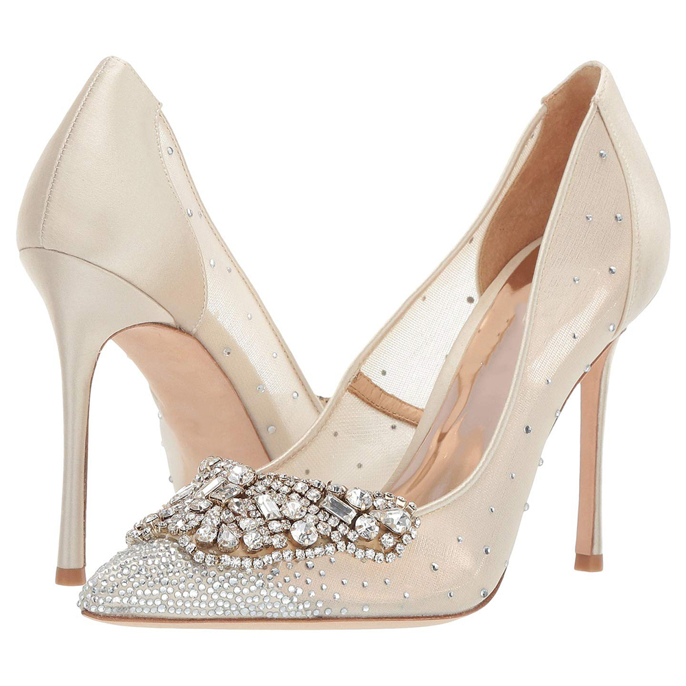 Silver Satin & Clear Mixed Closed Pointed Toe Rhinestone Pumps With Stiletto Heels Nicepairs