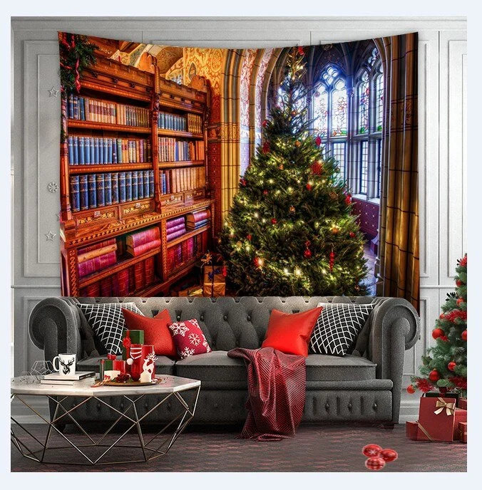 Christmas Tree Print Tapestry Wall Hanging Background Cloth Decor Red Santa Claus Polyester Tapestry Home Room Wall Decoration
