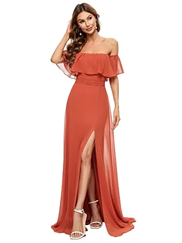 Off Shoulder Ruffle Party Side Split Beach Maxi Dress