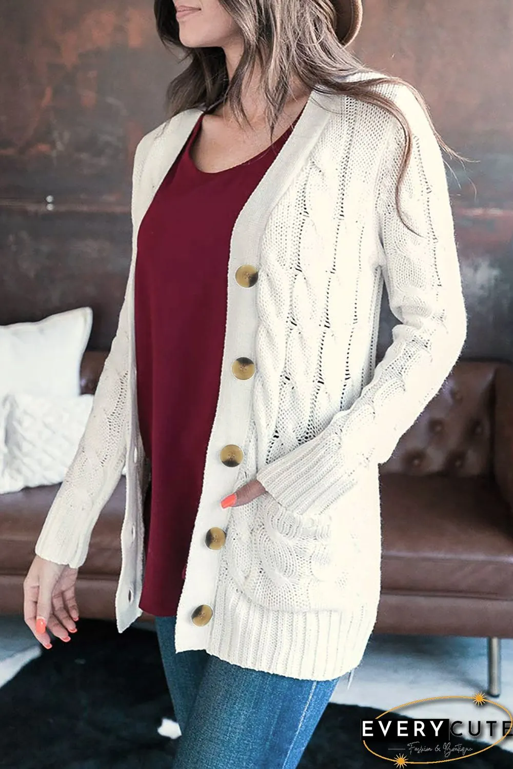 White Button Pocket Knit Cardigan