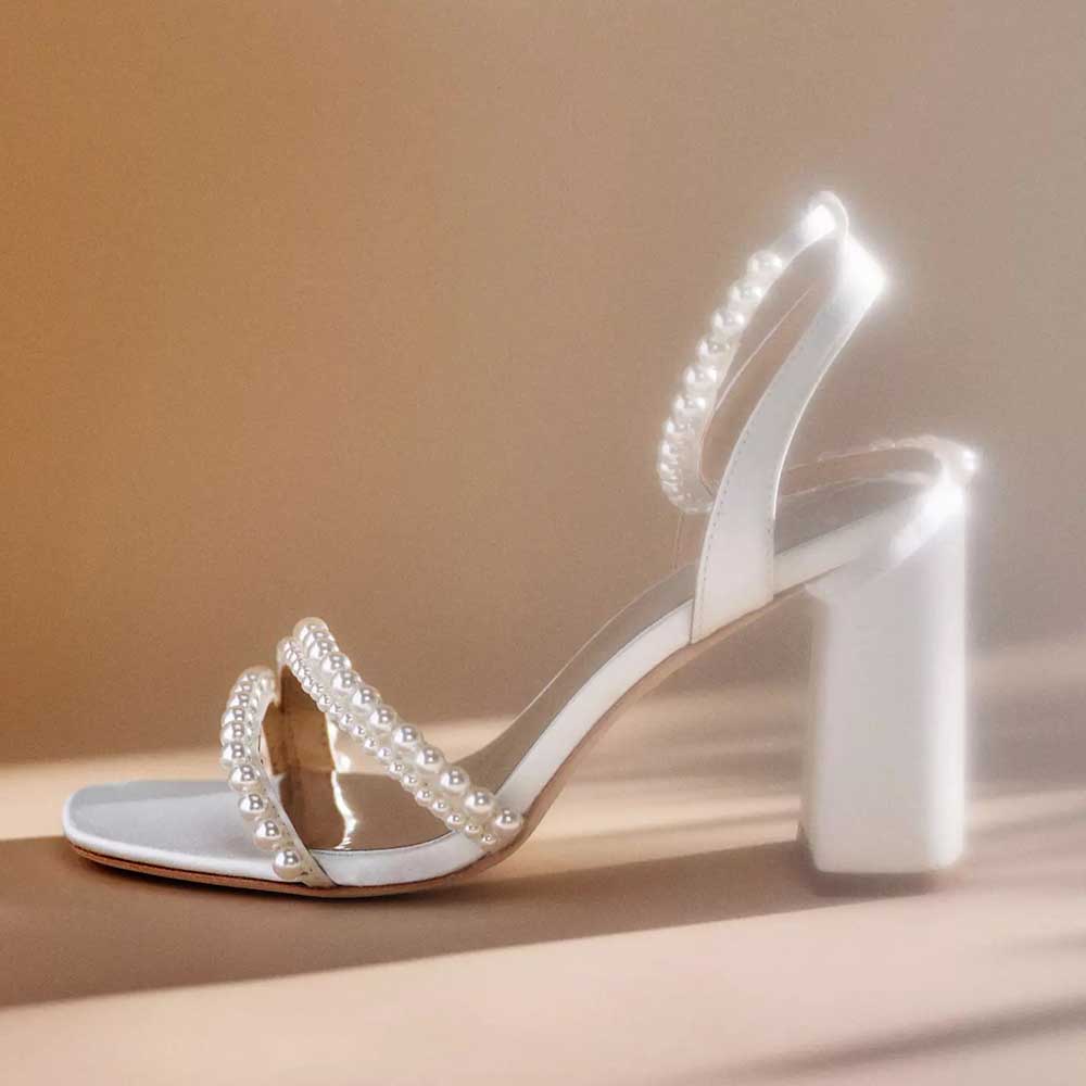 White Satin Pearl Ankle Strap Square Toe Sandals with Block Heel   Nicepairs