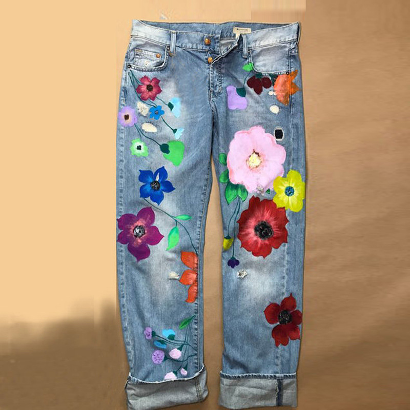 Women&lsquo;s Casual Loose Denim Flower Printed Jeans wearshes