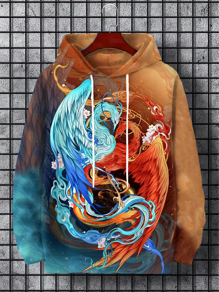 Men's Colorblock Phoenixes Mythological Art Print Casual Hoodie