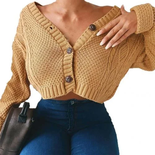 Women Knitted Casual Cardigan Autumn Short Jacket Loose Cropped Sweater Buttons Cardigan Long Sleeve Sweater Coat Outwear