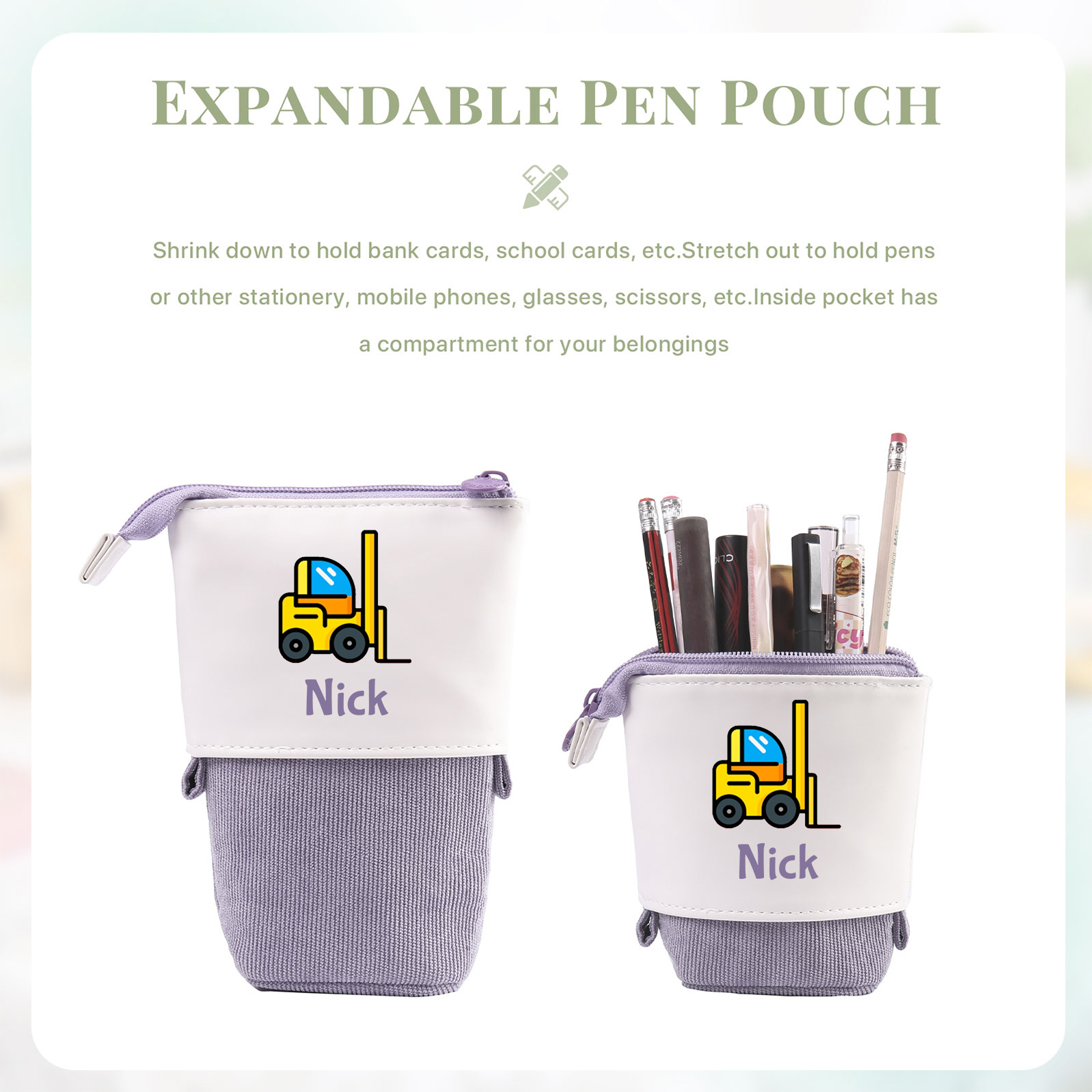 Astuccio per matite personalizzato con 1 nome e 1 veicolo da costruzione regalo per scuola elementare bambini
