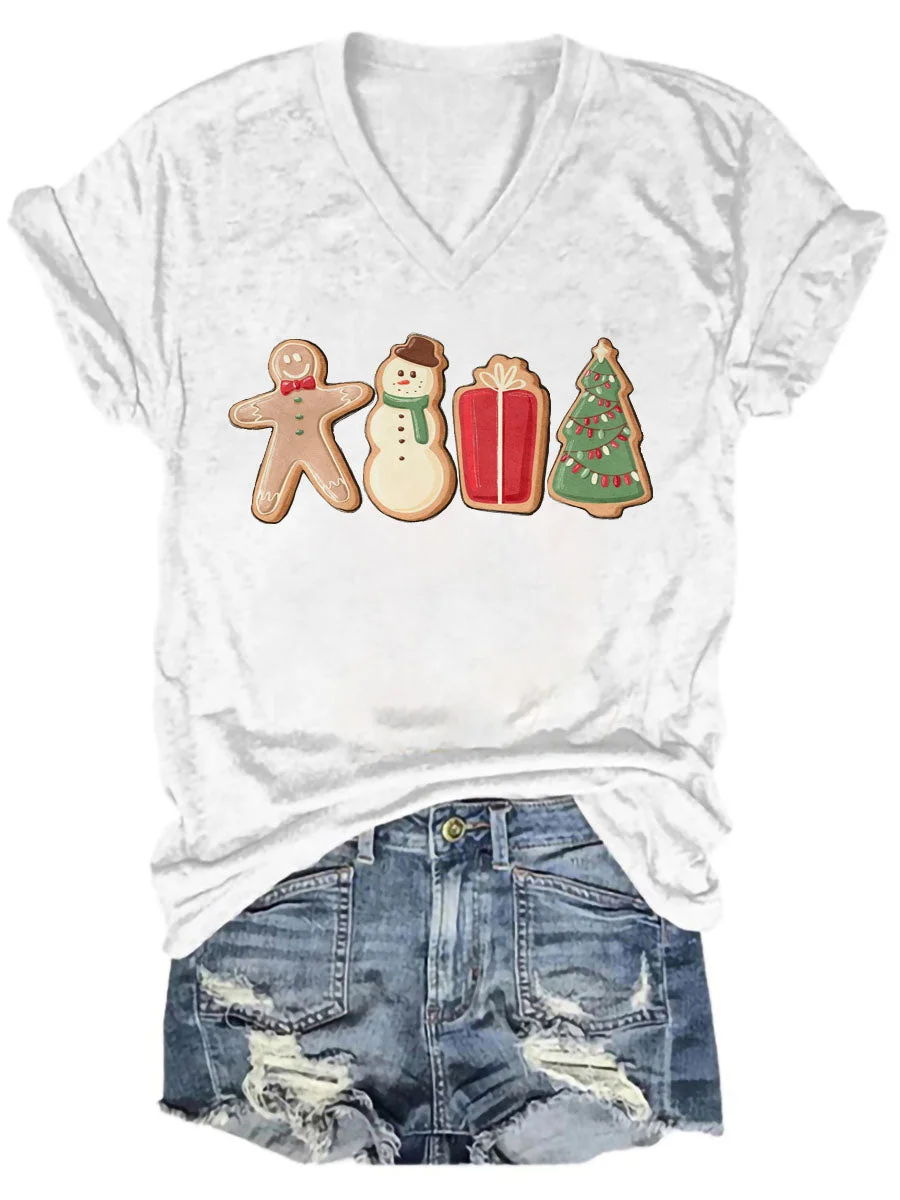 Cute Ginger Bread Cookie Tree Printed V-neck Christmas T-shirt