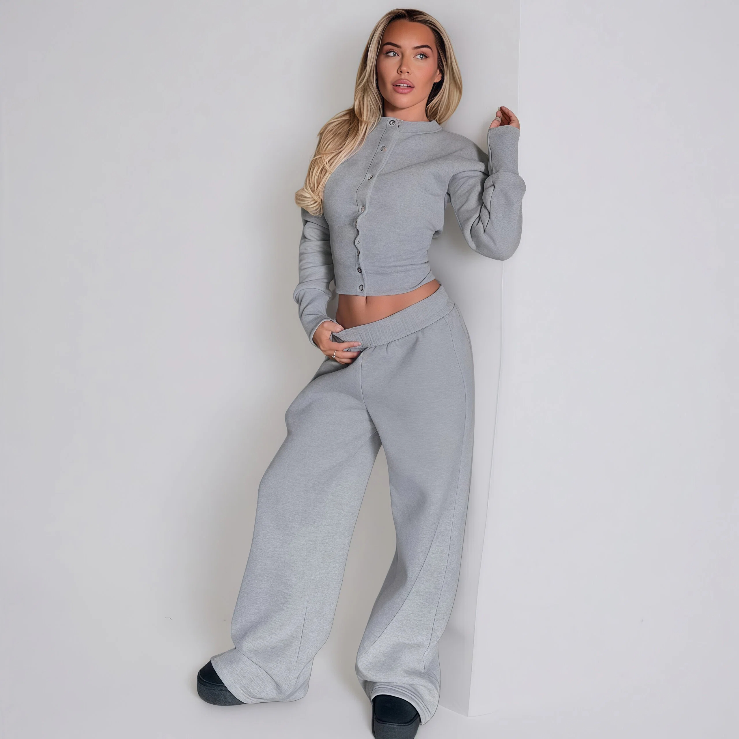 Button-Front Crop Top and Wide-Leg Pants Set - HIGIANNA&reg;