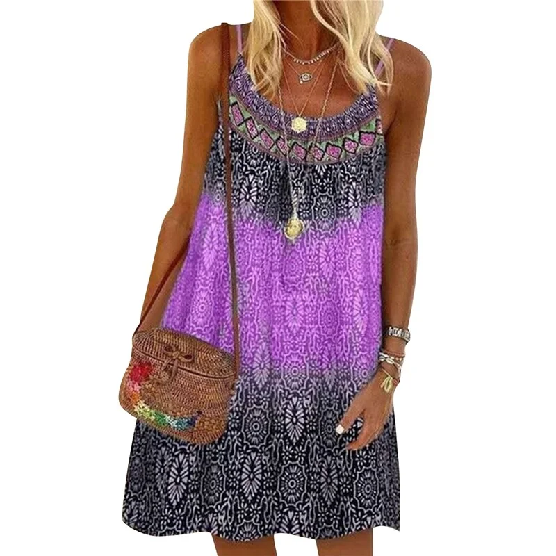 2023 Summer Printed Sling Dress Ladies Bohemian Loose Ladies Dress A-line Beach Casual Elegant Mini Dress