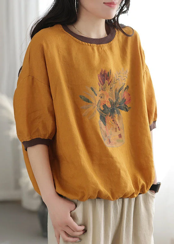 Vintage Yellow Oversized Patchwork Print Linen Tank Tops Short Sleeve