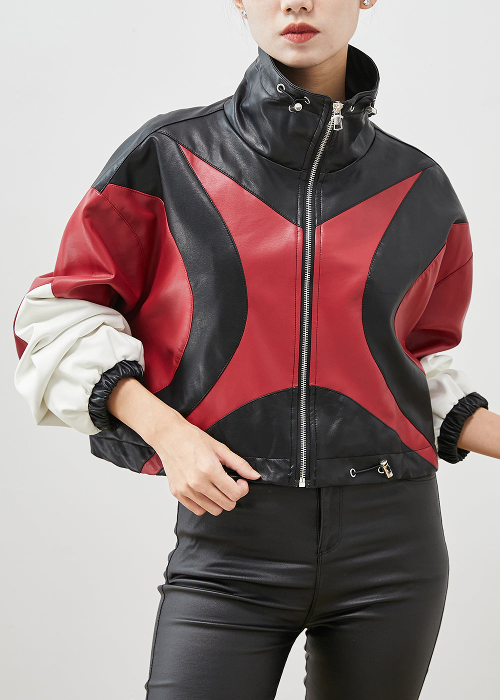 VCSHOES Colorblock Drawstring Patchwork Faux Leather Jackets Spring