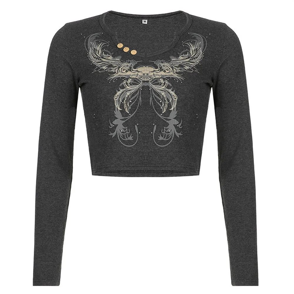 Jangj Y2k Grunge Devil T-shirt Women Vintage Angel Wings Crop Tops Graphic Fairy Tee Indie Aesthetic Tshirt 90s Retro Emo Alt Tees