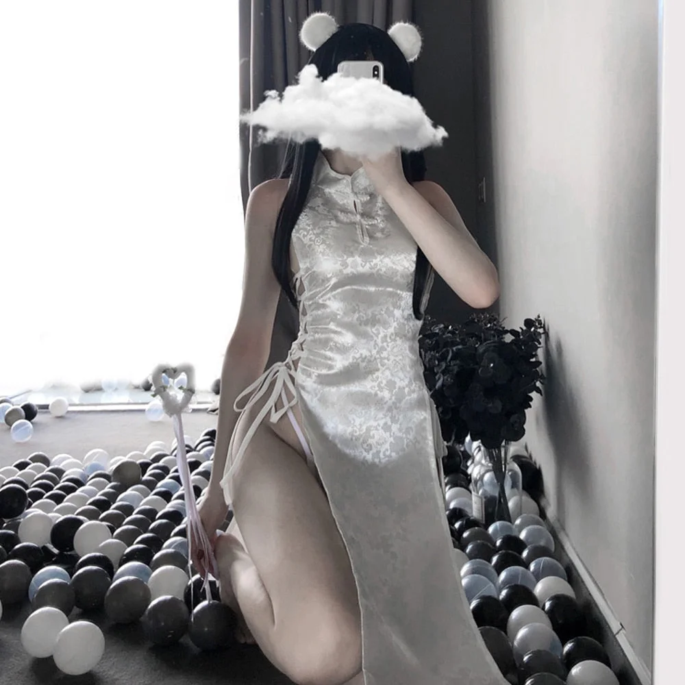 Women Sexy Lingerie High Split Bandage Mini Dress Qipao Cheongsam Uniform Chinese Traditional Party Dress Nightclub Costumes