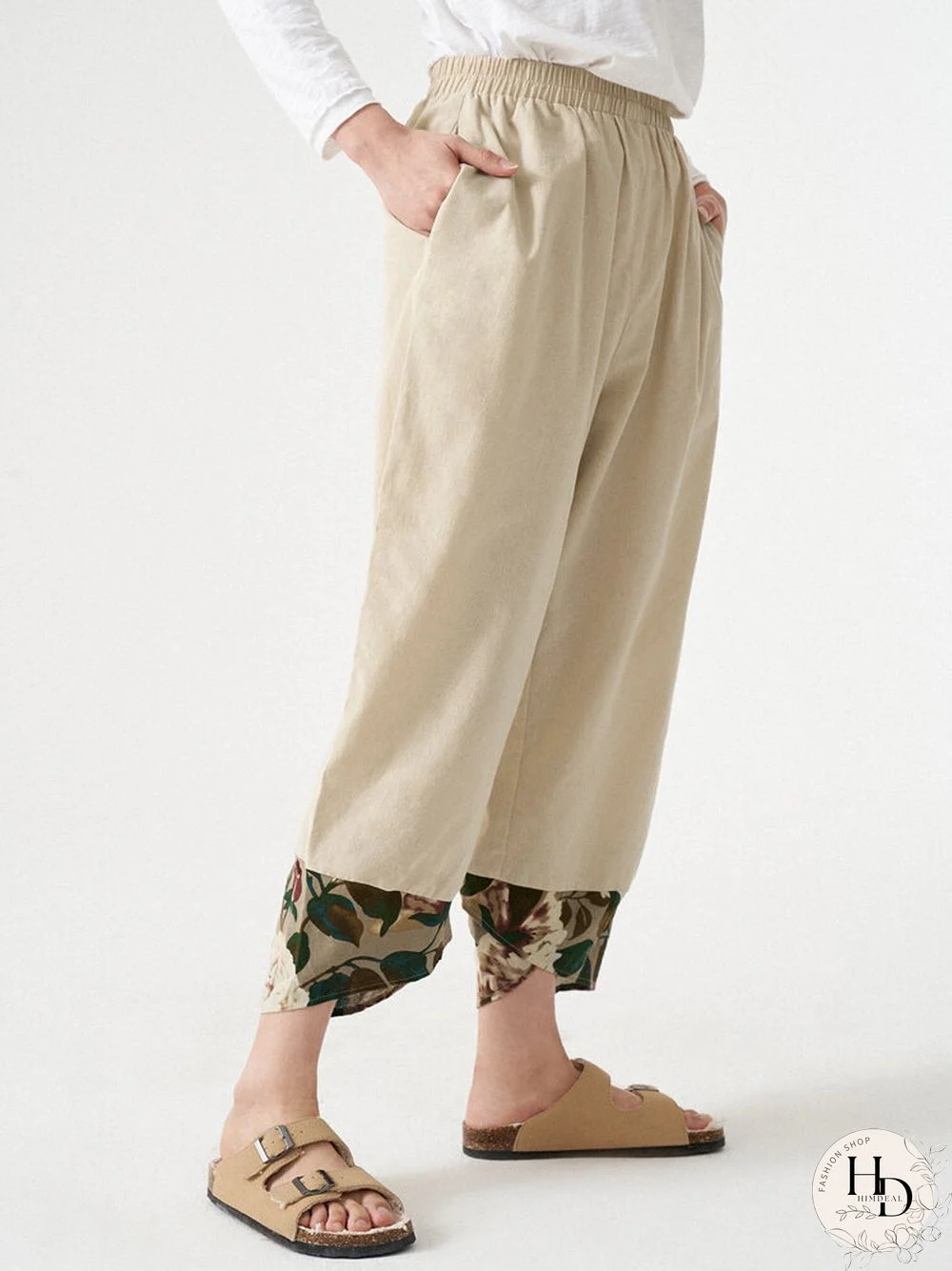 Women Leaves Stitch Elastic Waist Pocket Crop Pants