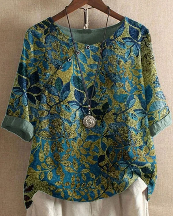 Green Solid Printed Round Neck 3/4 Sleeve Shirt