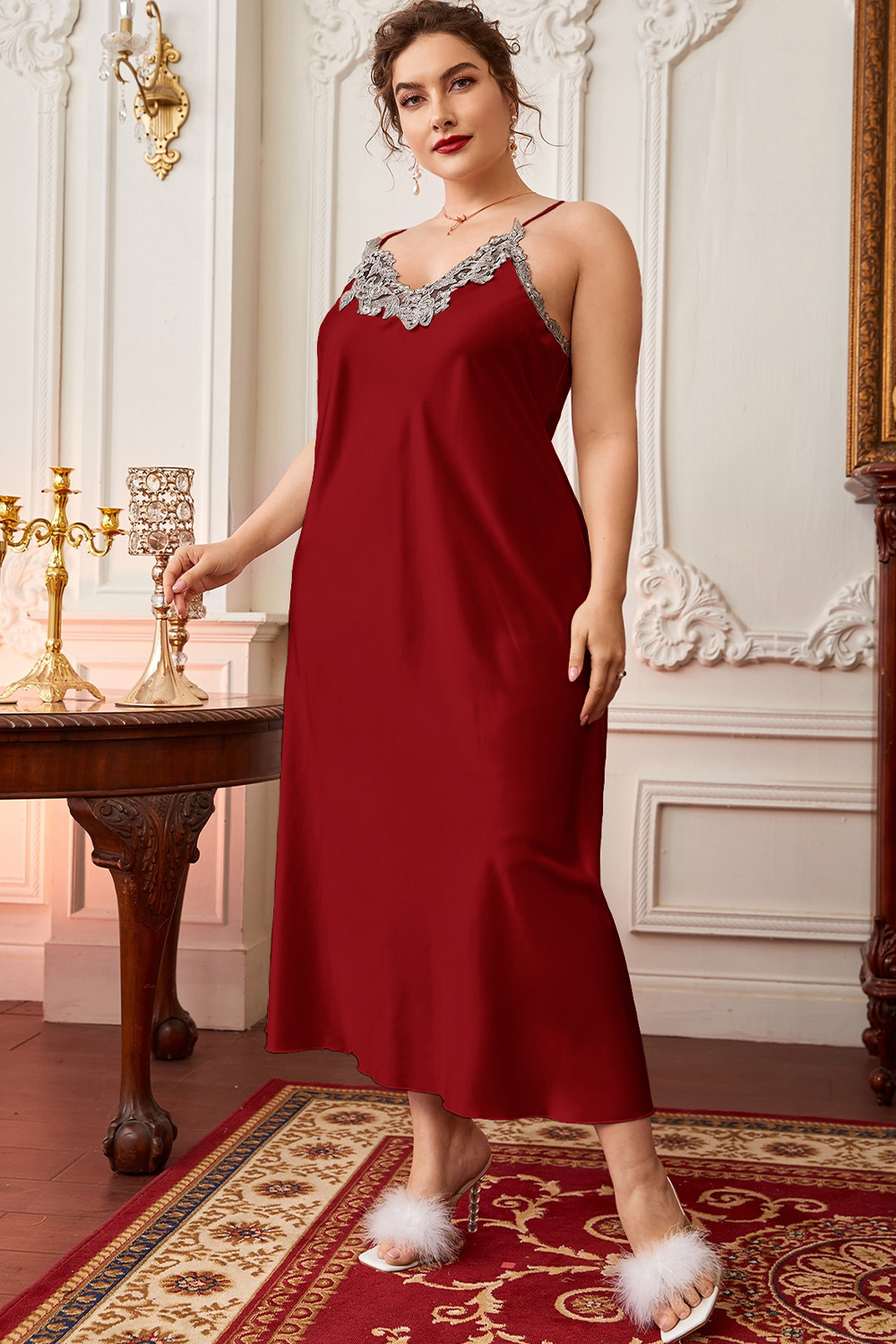 Plus Size Casual Champagne Lace Trim Cami Sleepwear Tea-Length Dress 2024 - Flycurvy 