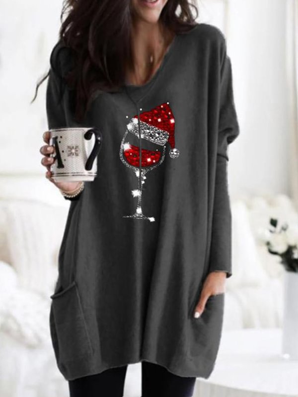 Christmas Red Wine Glass Print Loose Blouse