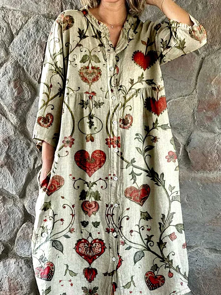 Womens Resort Art Floral Cotton Shirt Dress