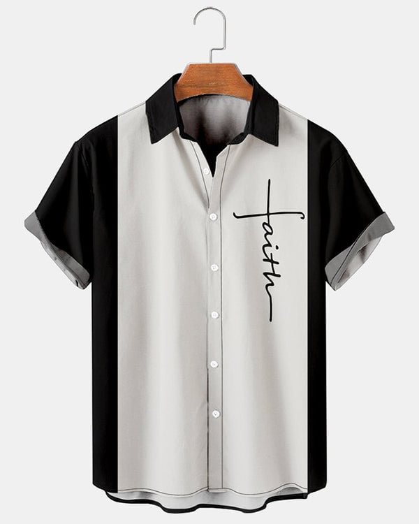 Men's Crucifix Print Casual Breathable Short Sleeve Bowling Shirts Top
