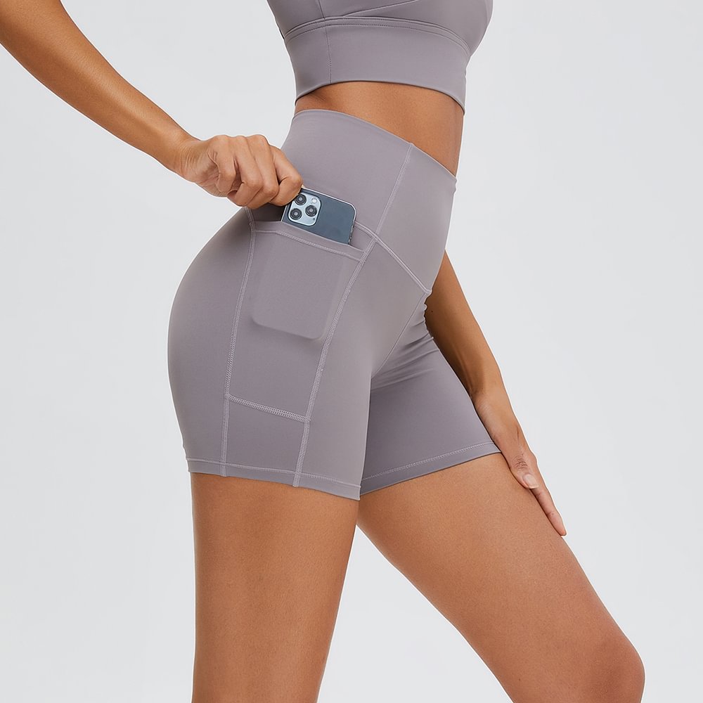 Hergymclothing gravel camel women's high waist cloud feeling gym biker shorts with side pockets for sale