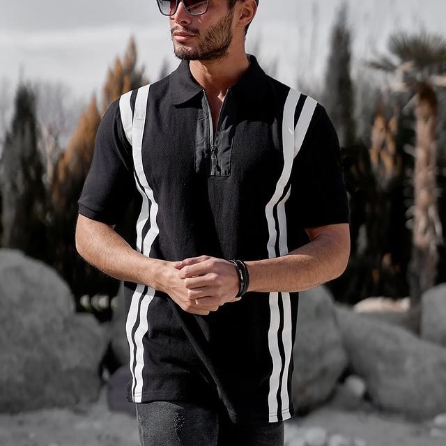Business Casual Striped Contrast Polo Shirt、、URBENIE