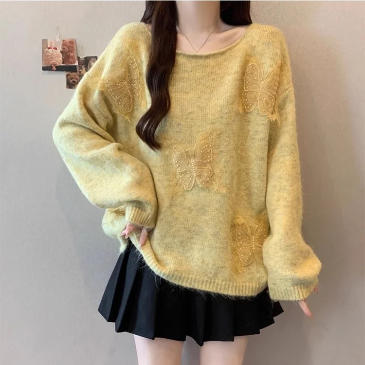 Athvotar Athvotar Three-Dimensional Butterfly Knitted Shirt Lazy Spring And Autumn Collar High-End Sweater Top New Spring And Autumn Winter