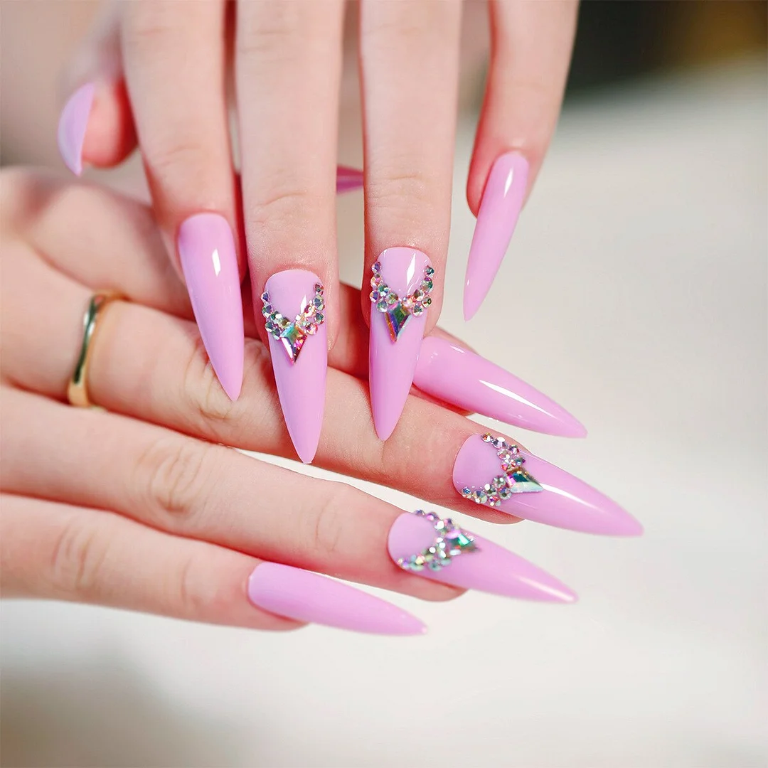 24pcs Pointed Pink Long Ballet Rhinestones Fake Nails Full cover Fake Nails Glue DIY Manicure Nail Art Tools