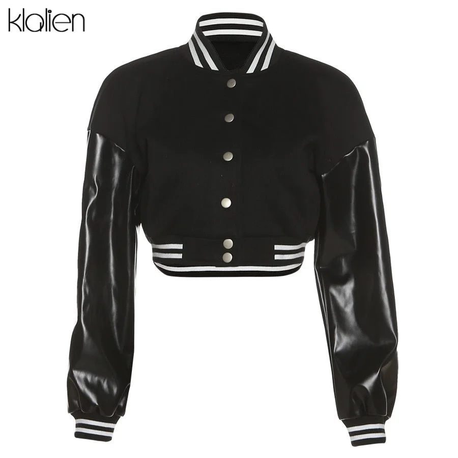 KLALIEN Fashion Casual Streetwear Women Long Sleeve Single Breasted PU Leather Patchwork Coat Sportswear Slim Female Outerwear
