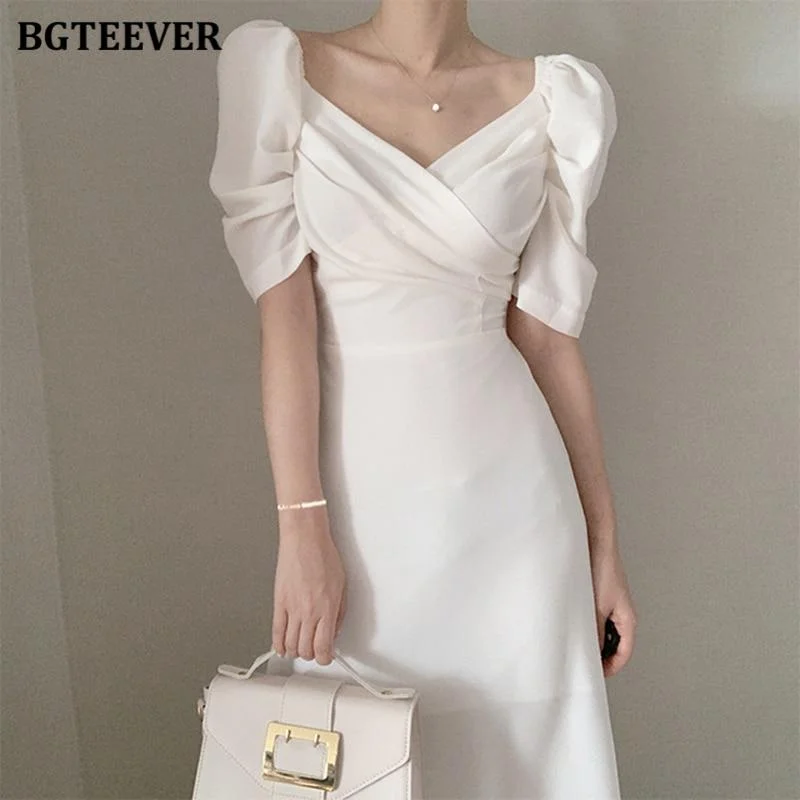 BGTEEVER Retro V-neck Slim Waist Women Dress Elegant Puff- Sleeve White Female A-line Dress  Summer Party Vestidos femme