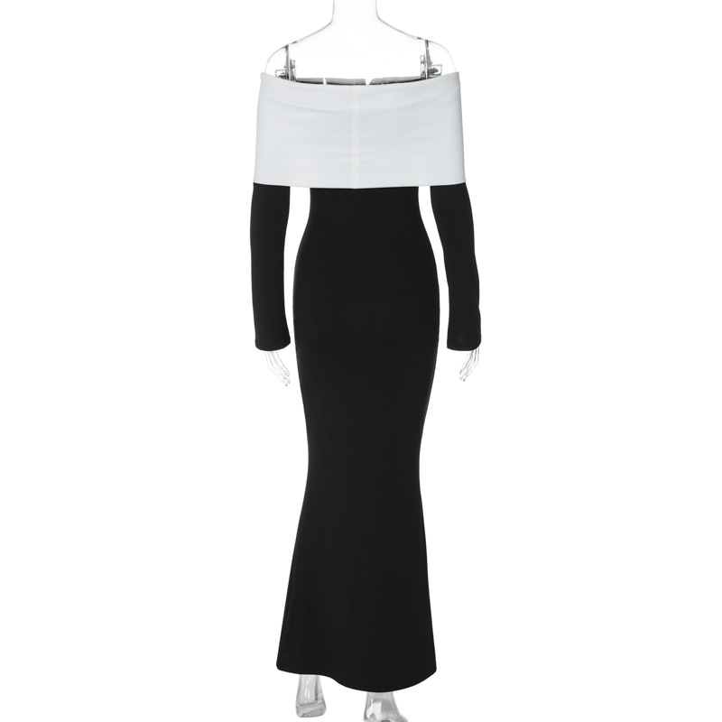Ootddress Off-Shoulder Patchwork Slim Maxi Dress For Women Long Sleeve High Waist Elegant Backless Party Dress Female Autumn Outfit