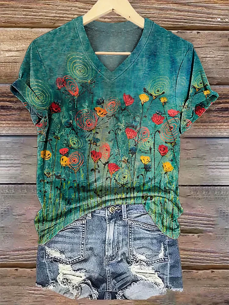 Women's Floral Art Print V-Neck Casual Shirt