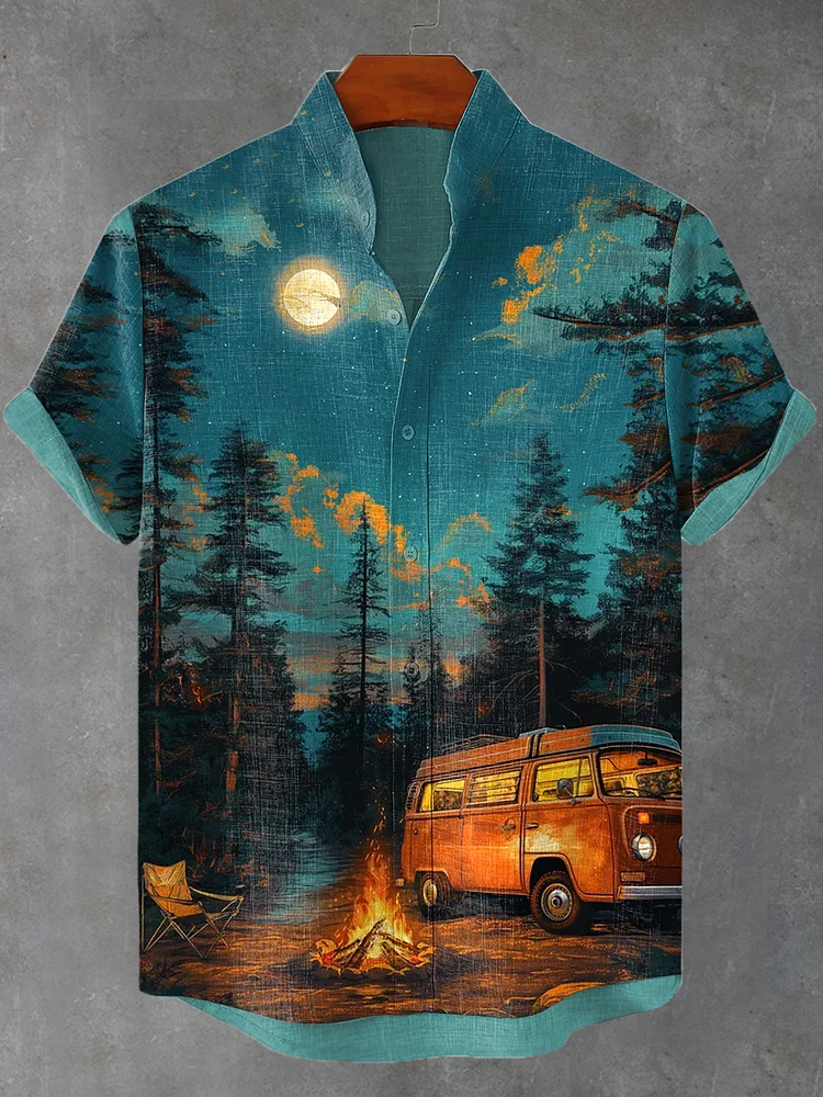 Men's Late Night Camping Bus Natural Landscape Print Casual Shirt