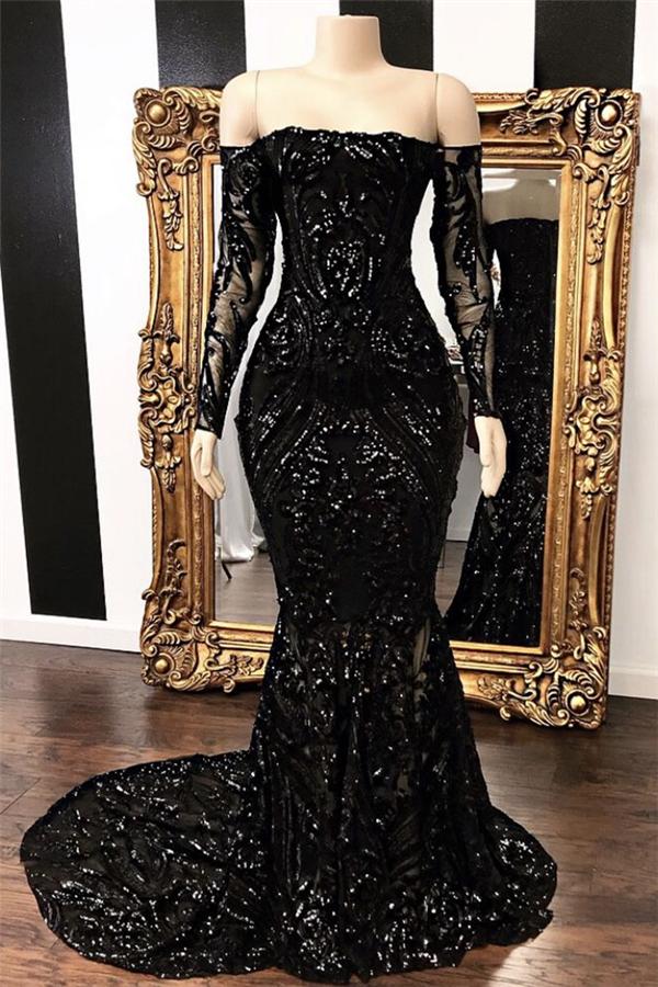 Black Long Sleeves Mermaid Sequins Prom Dress Off-the-Shoulder - lulusllly