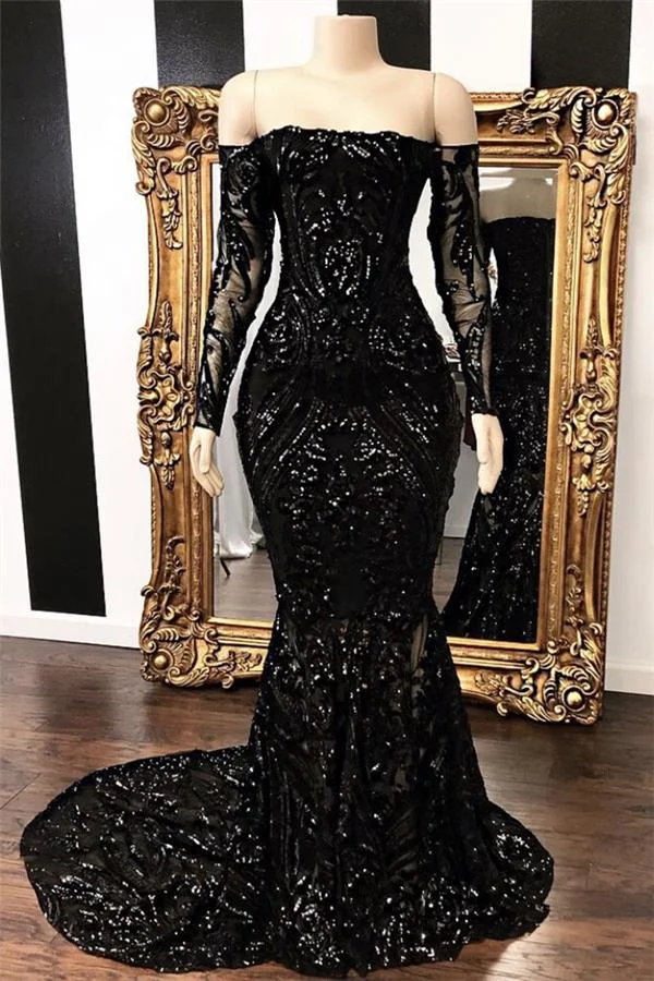 Bellasprom Black Mermaid Sequins Prom Dress Off-the-Shoulder Long Sleeve